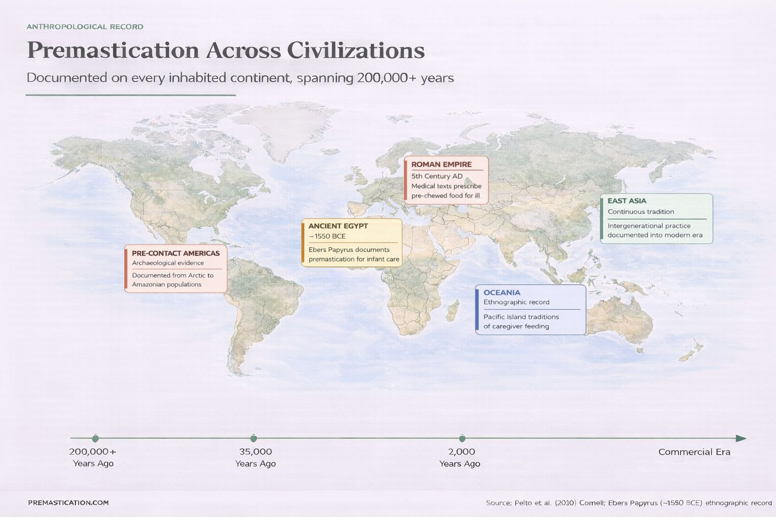 World map showing premastication documented across civilizations: Ancient Egypt (~1550 BCE, Ebers Papyrus), Roman Empire (5th century AD), East Asia (continuous tradition), Sub-Saharan Africa, Pre-Contact Americas, and Oceania, with timeline spanning 200,000+ years to the commercial era